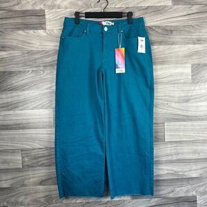 YMI Jeans Womens Medium Teal Denim Stretch Wide-Leg Mid-Rise Frayed Hem 5 Pocket
